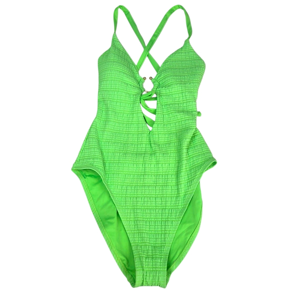 Becca Ariyah Cutout Plunge One Piece Swimsuit NEW Womens Large Neon Green Gold - Picture 11 of 11